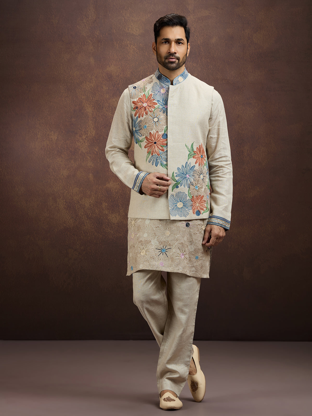 Cream artistic printed linen waistcoat set
