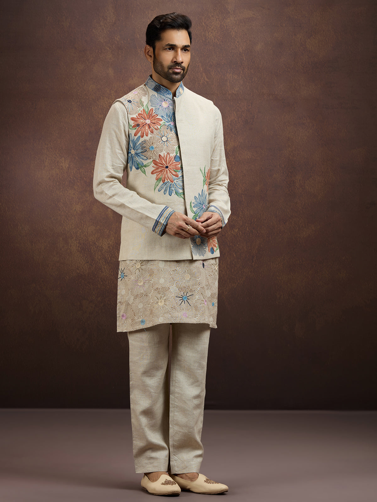 Cream artistic printed linen waistcoat set