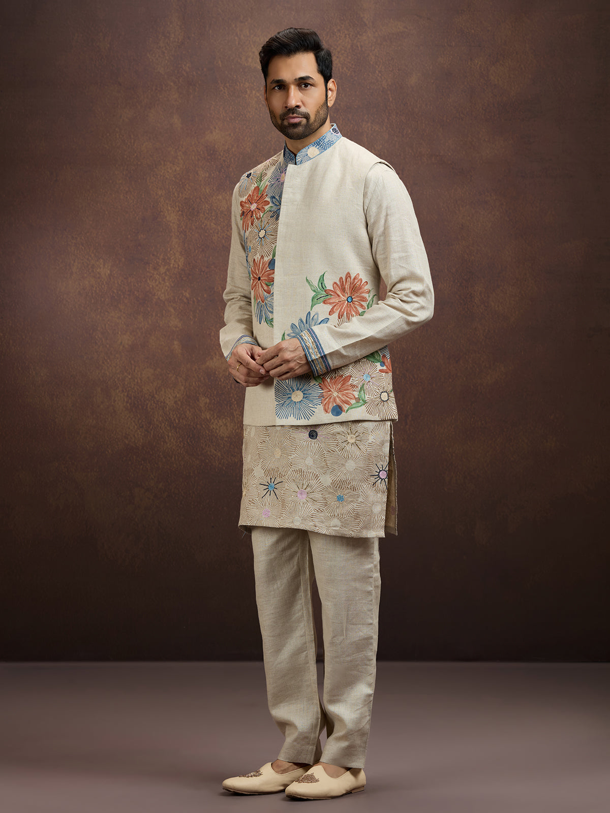 Cream artistic printed linen waistcoat set