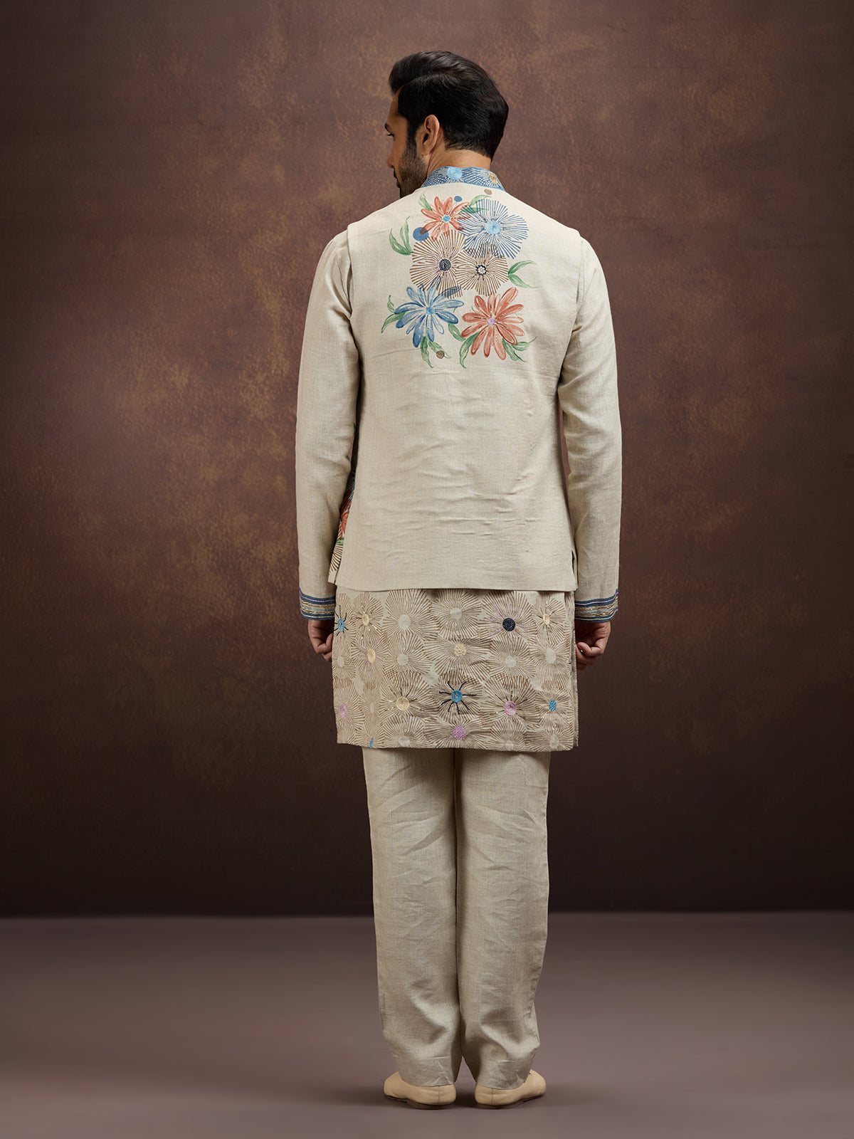 Cream artistic printed linen waistcoat set