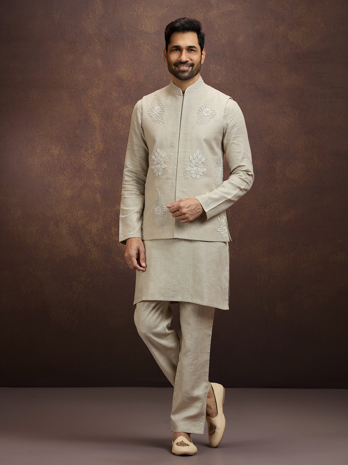 Cream elegant floral linen waistcoat set