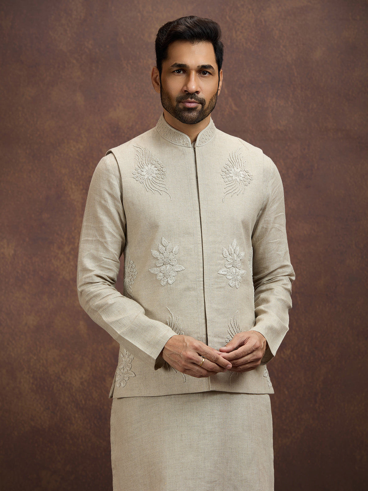 Cream elegant floral linen waistcoat set