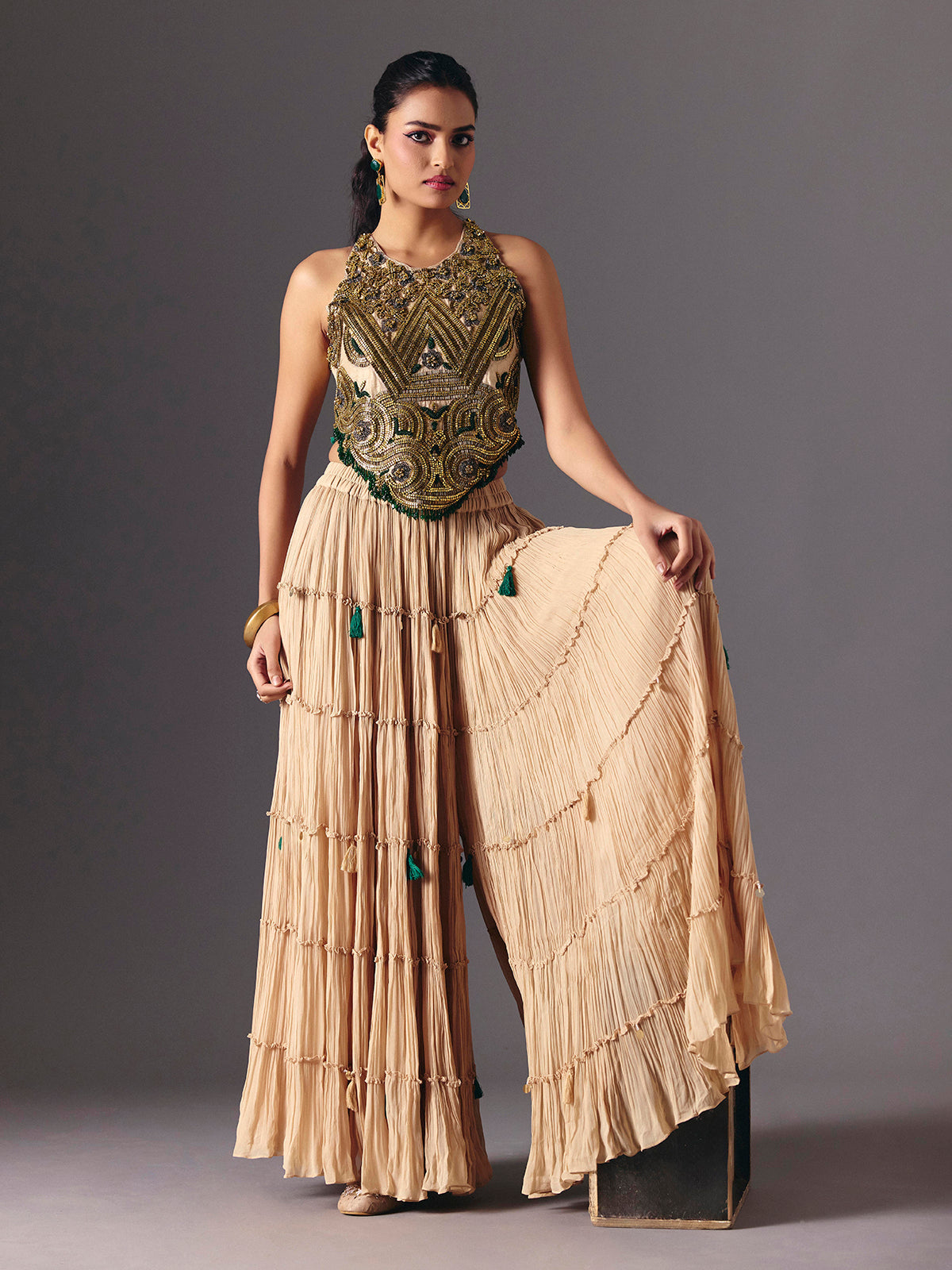 Beige chiffon designer palazzo salwar suit for festive wear