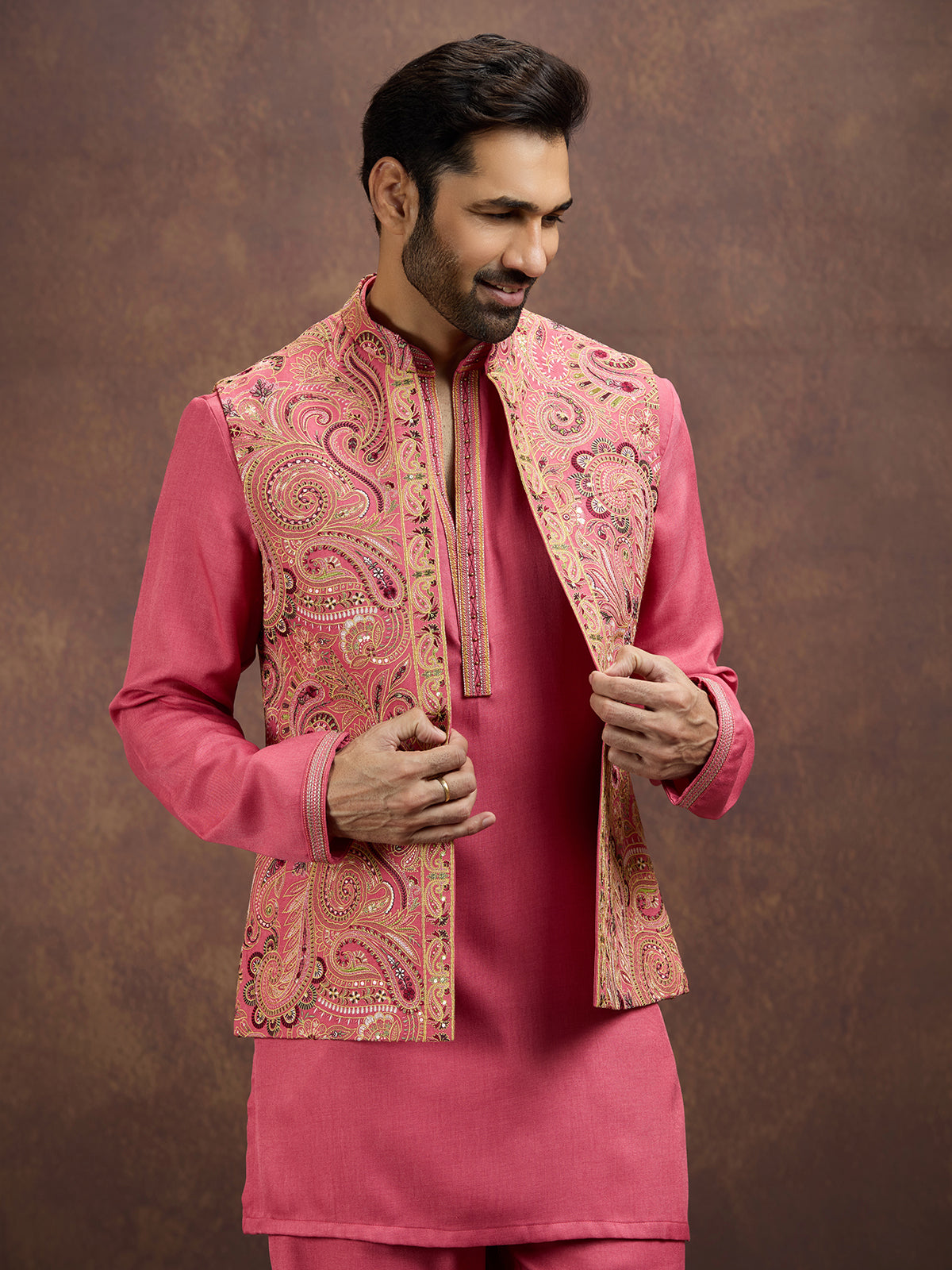 Pink premium embroidered silk waistcoat ensemble