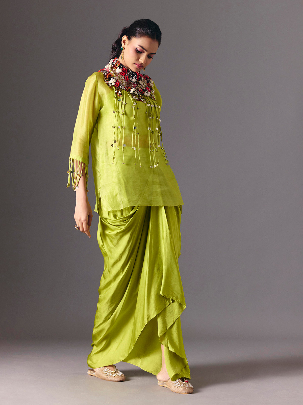 Light green tissue silk designer indo western salwar suit
