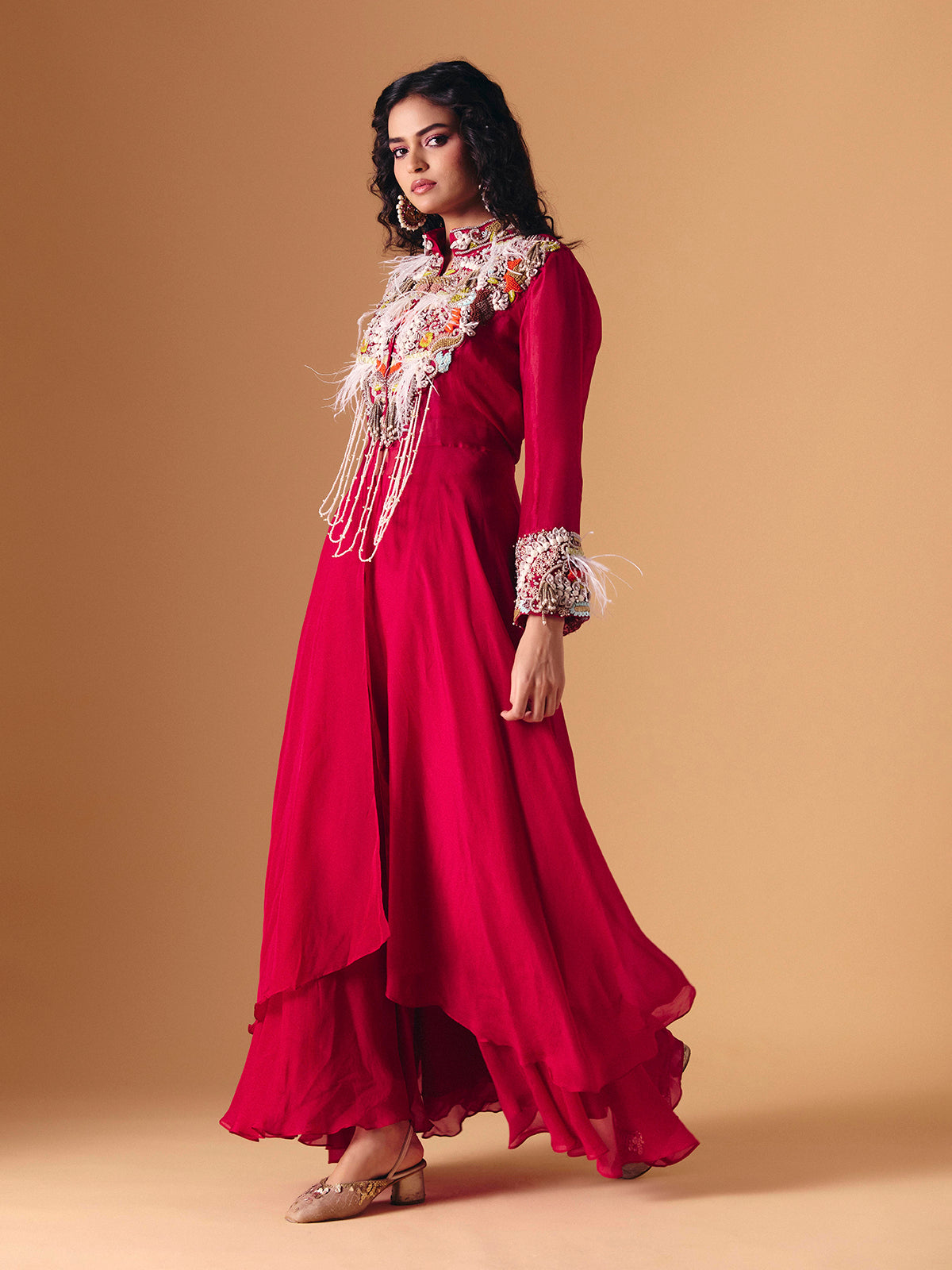 Maroon tissue silk designer indo western palazzo suit