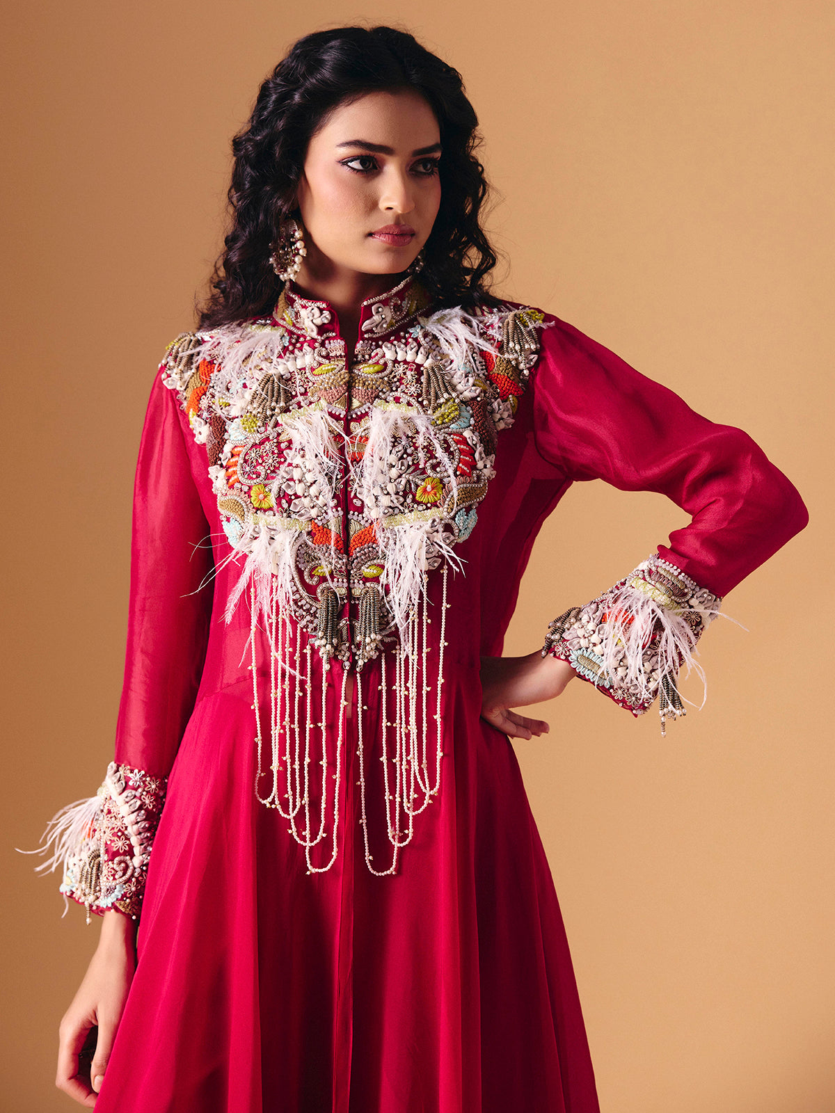 Maroon tissue silk designer indo western palazzo suit