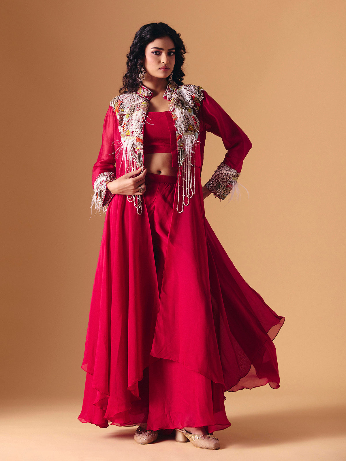 Maroon tissue silk designer indo western palazzo suit
