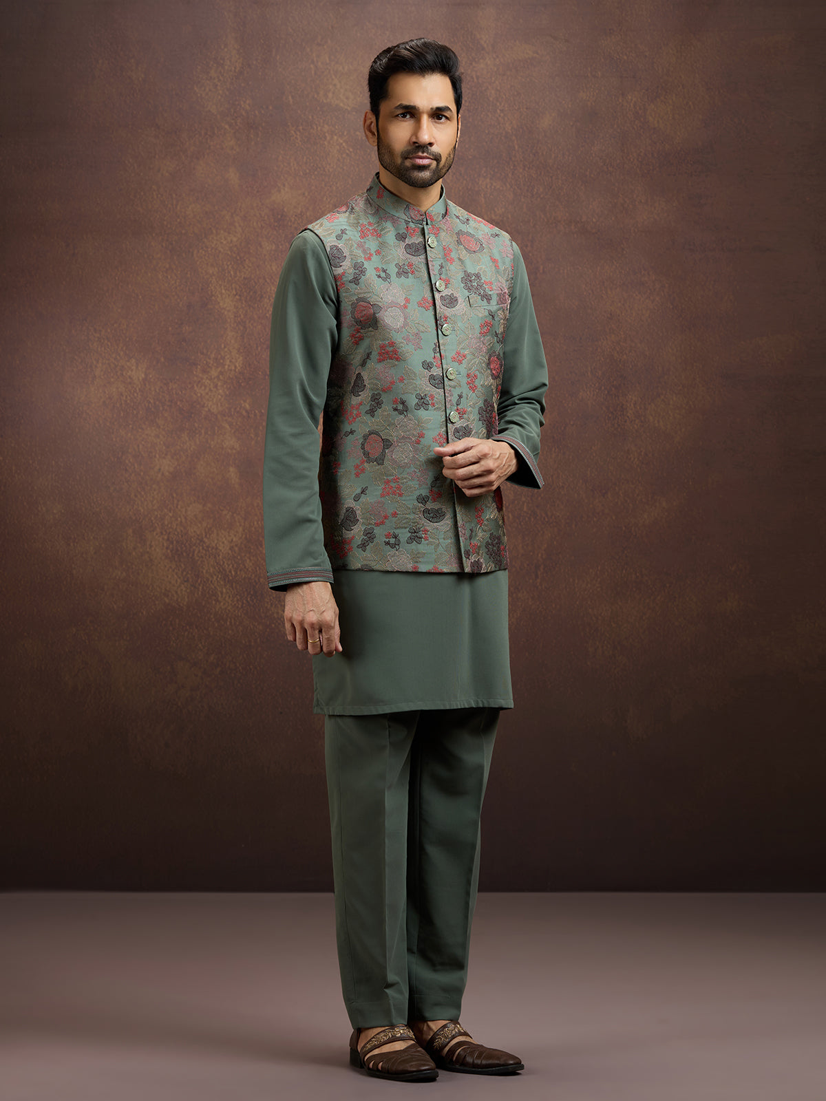 Sage green heritage silk waistcoat set