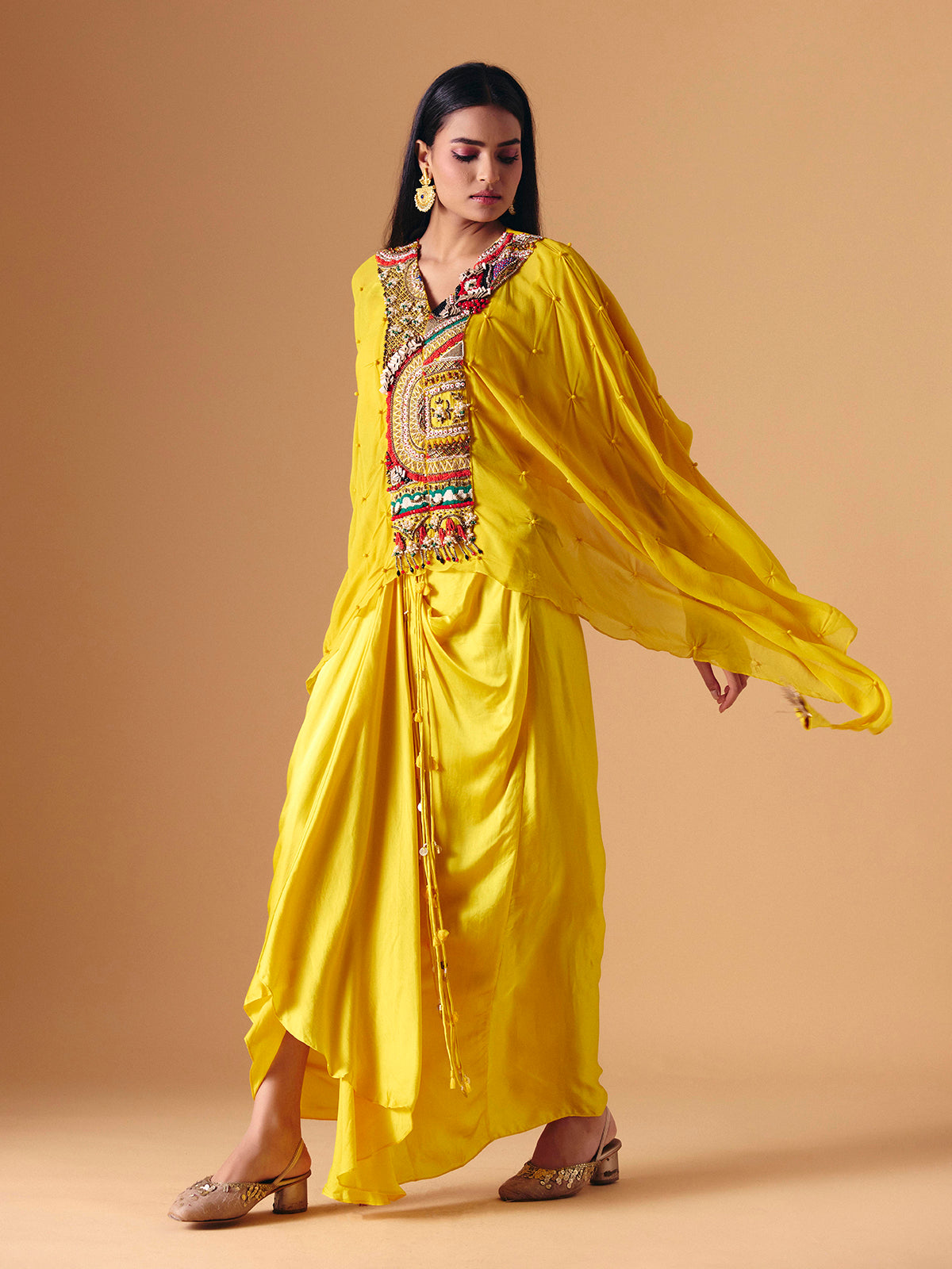 Yellow designer Indo western crepe georgette salwar suit for women