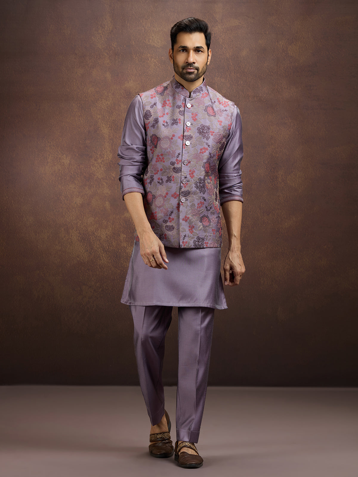 Purple classic jacquard silk waistcoat set