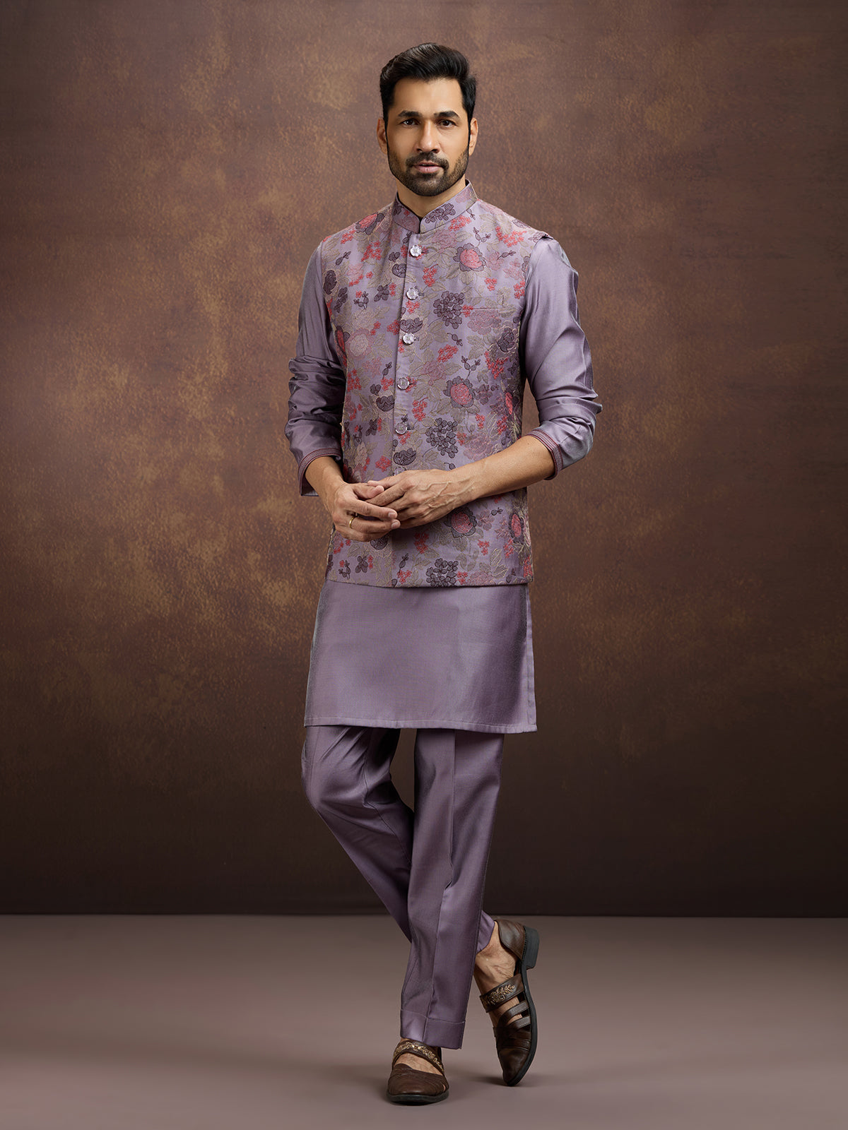 Purple classic jacquard silk waistcoat set
