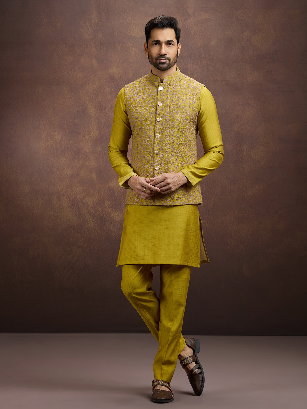 Mustard yellow festive silk waistcoat set