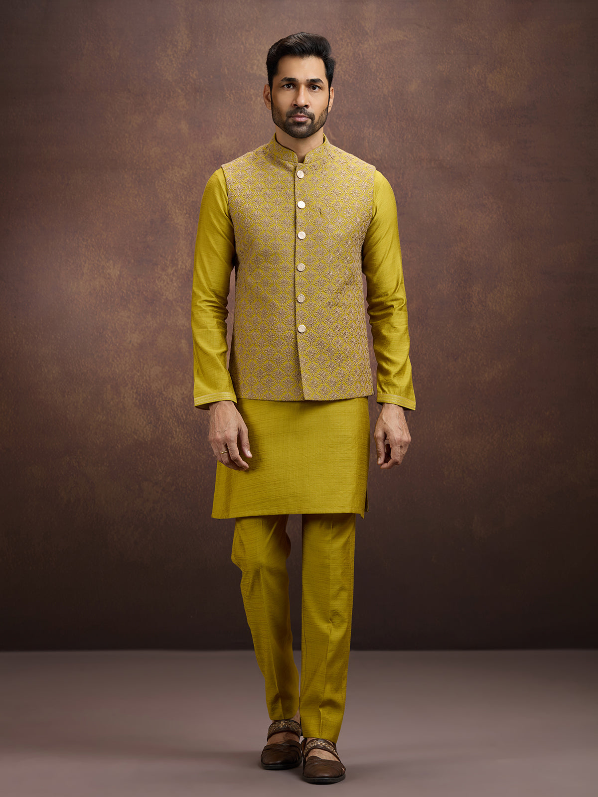 Mustard yellow festive silk waistcoat set