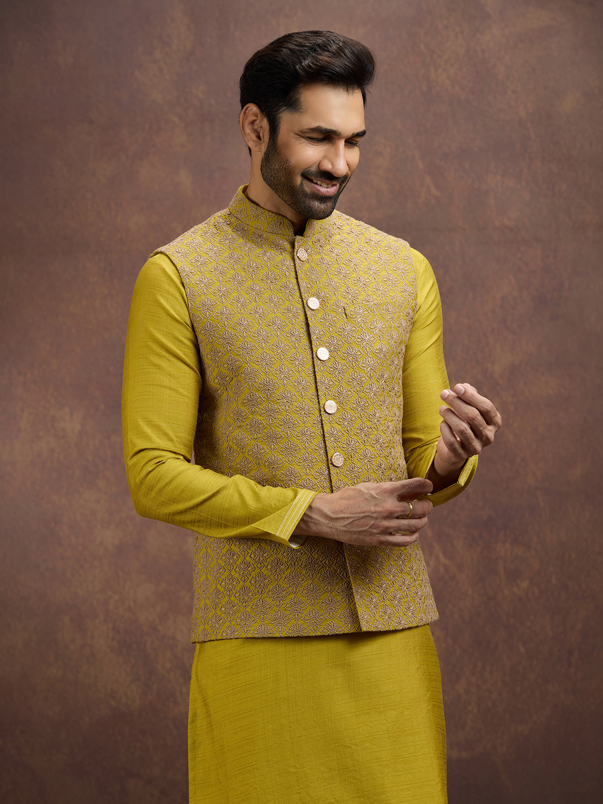 Mustard yellow festive silk waistcoat set