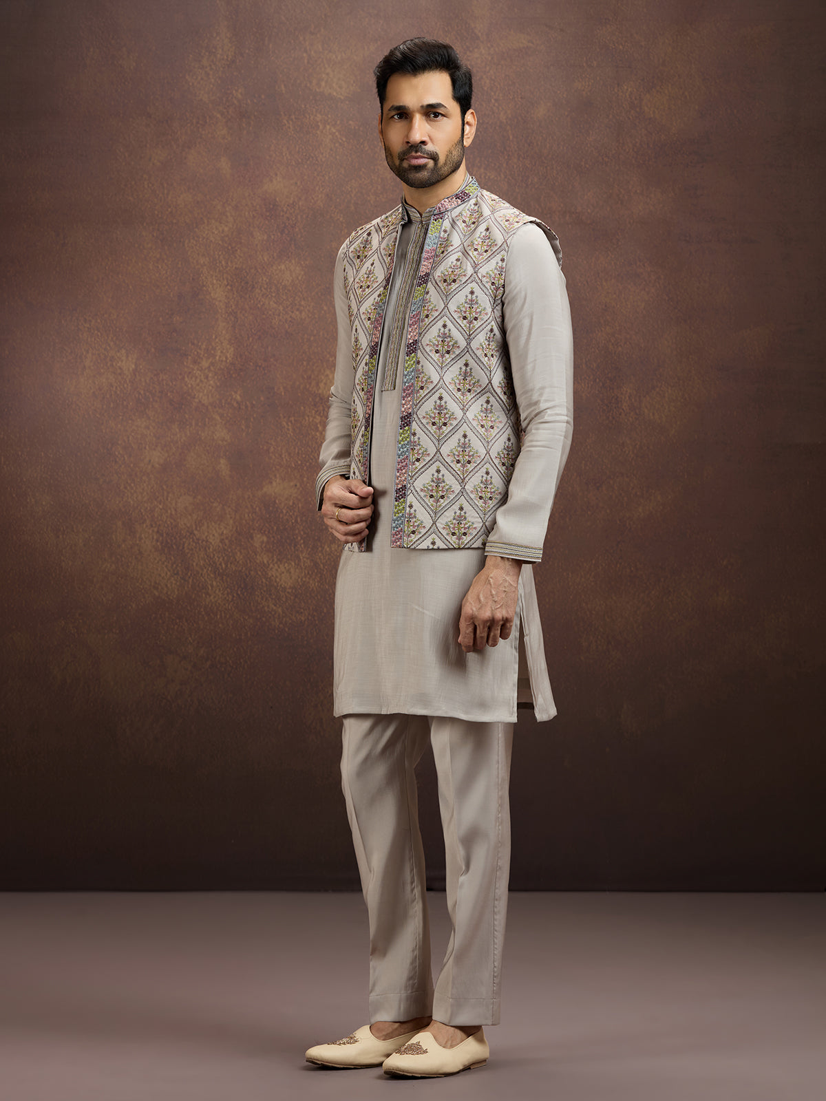 Grey designer embroidered silk waistcoat set