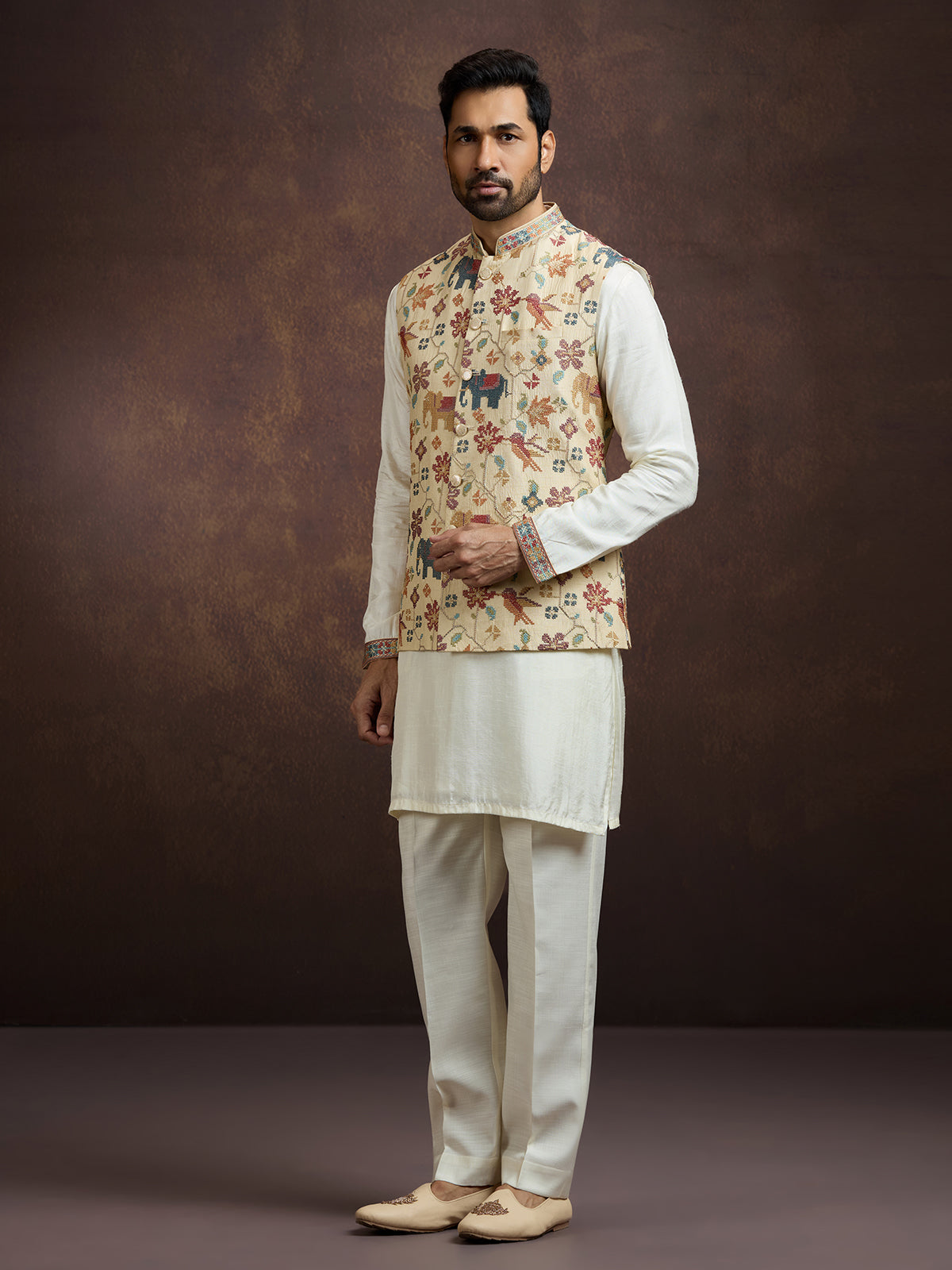 Off white heritage silk waistcoat set