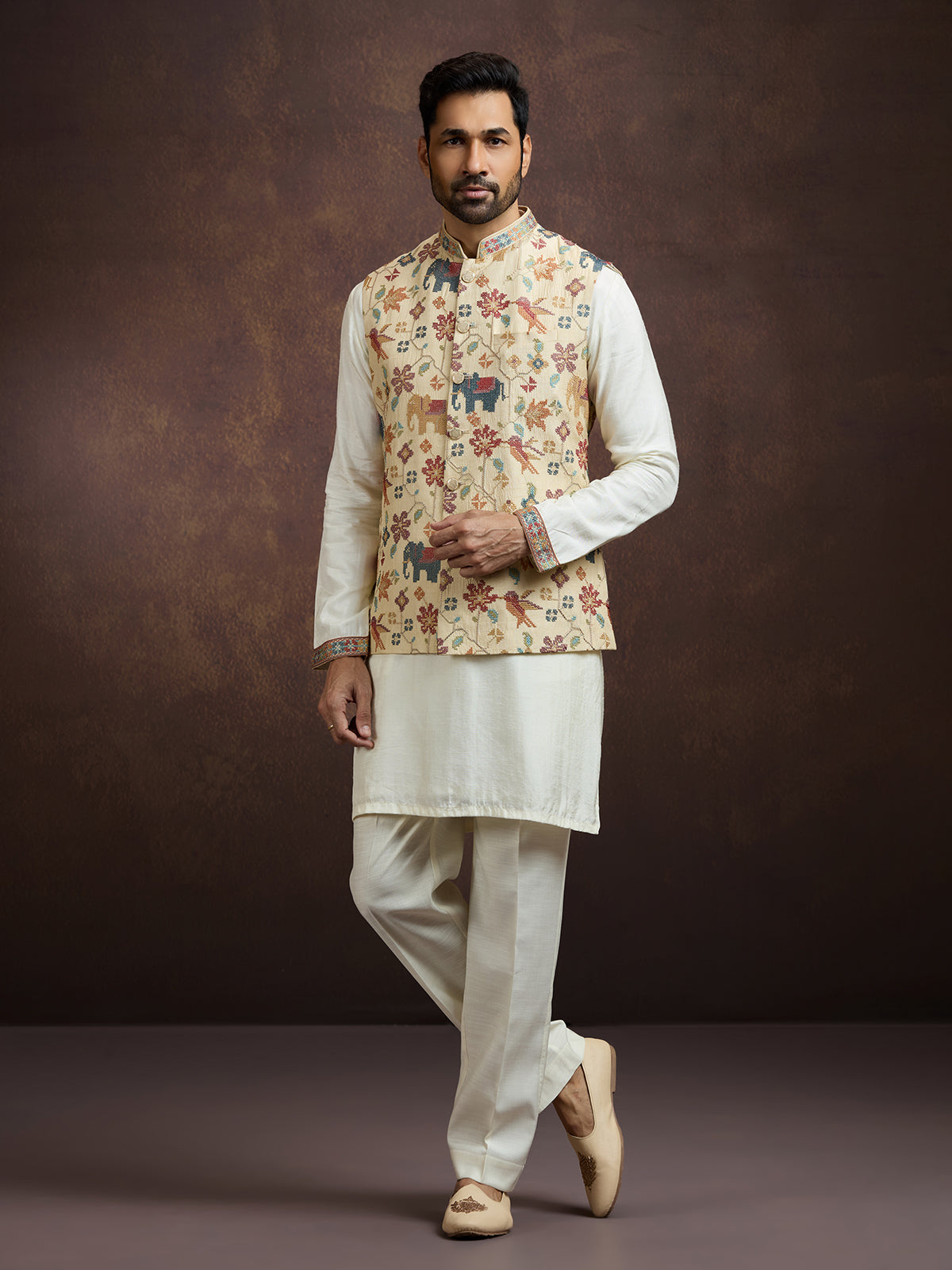 Off white heritage silk waistcoat set