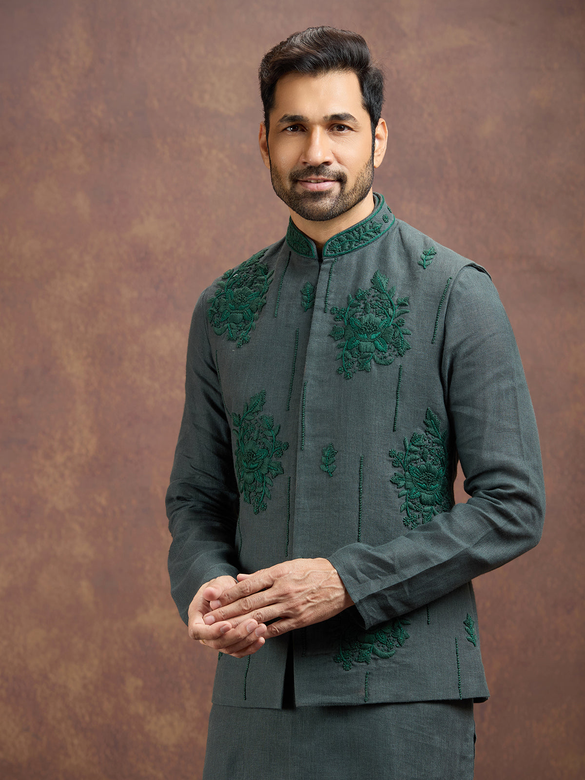 Green premium embroidered linen waistcoat set