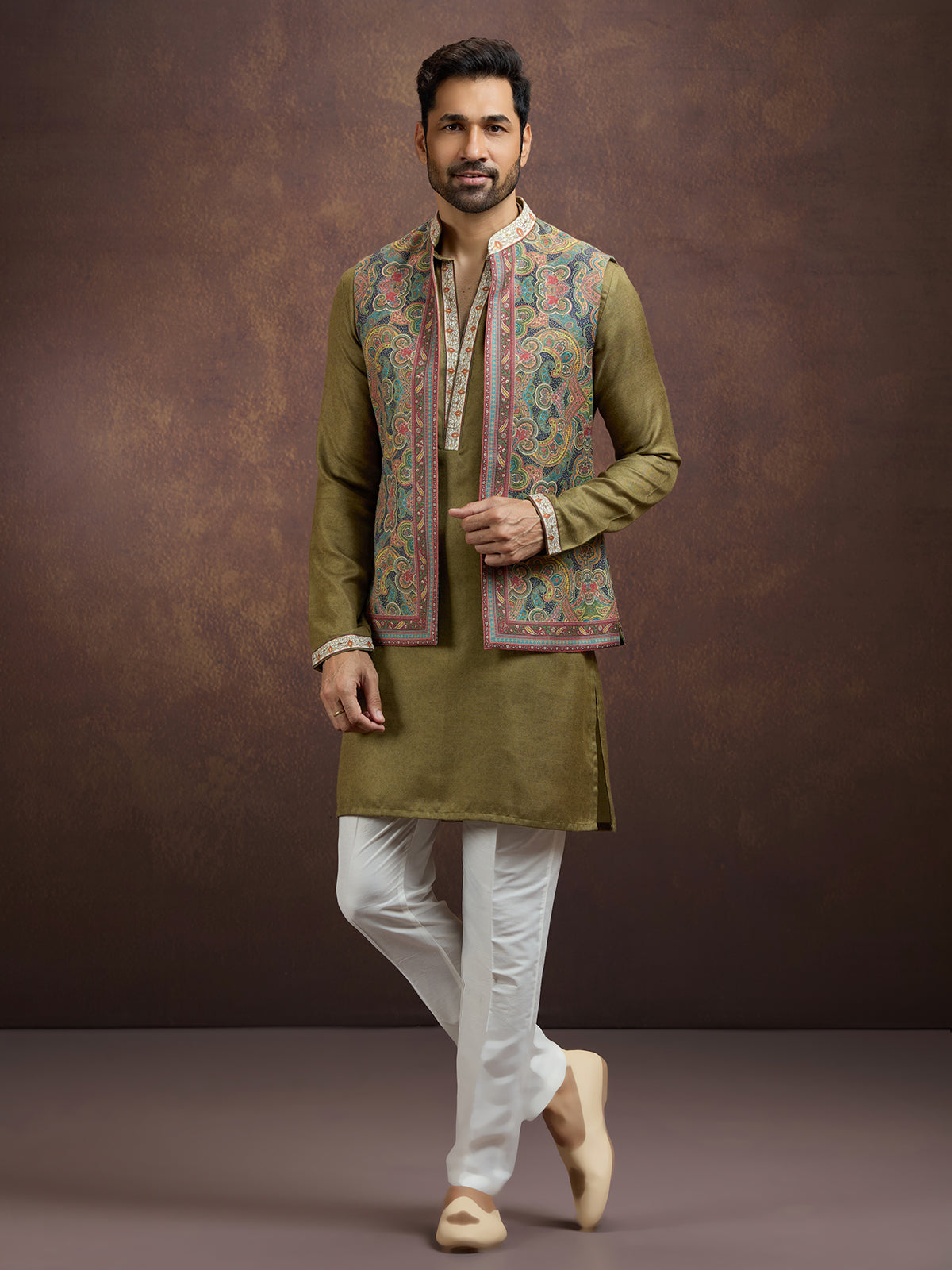 Olive regal pashmina silk waistcoat set