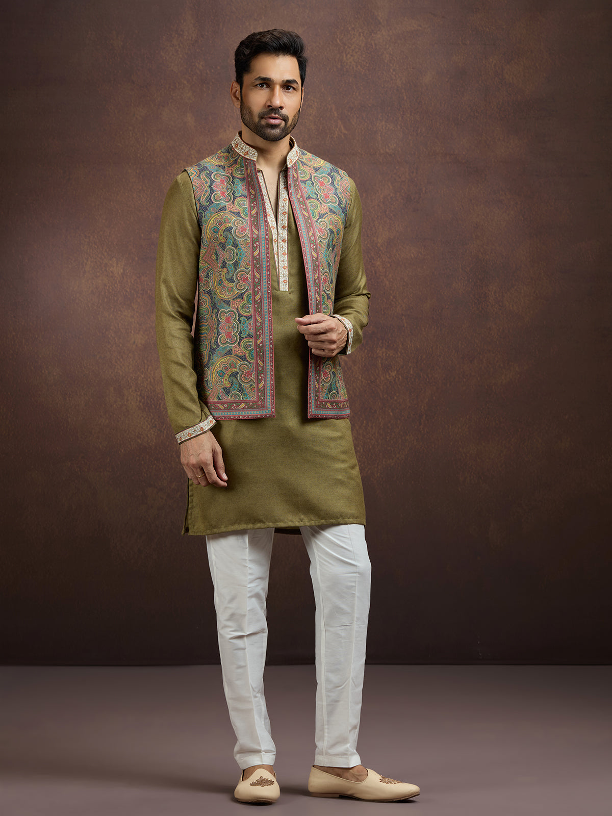 Olive regal pashmina silk waistcoat set
