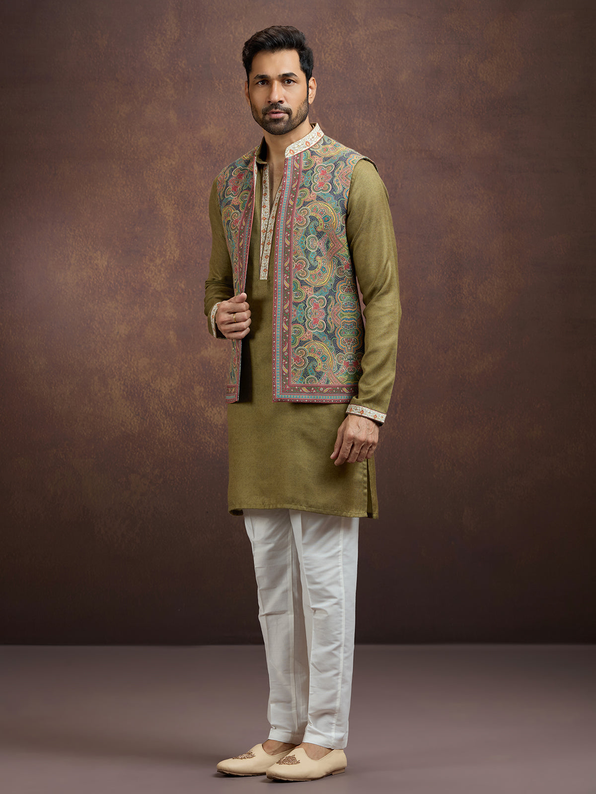 Olive regal pashmina silk waistcoat set