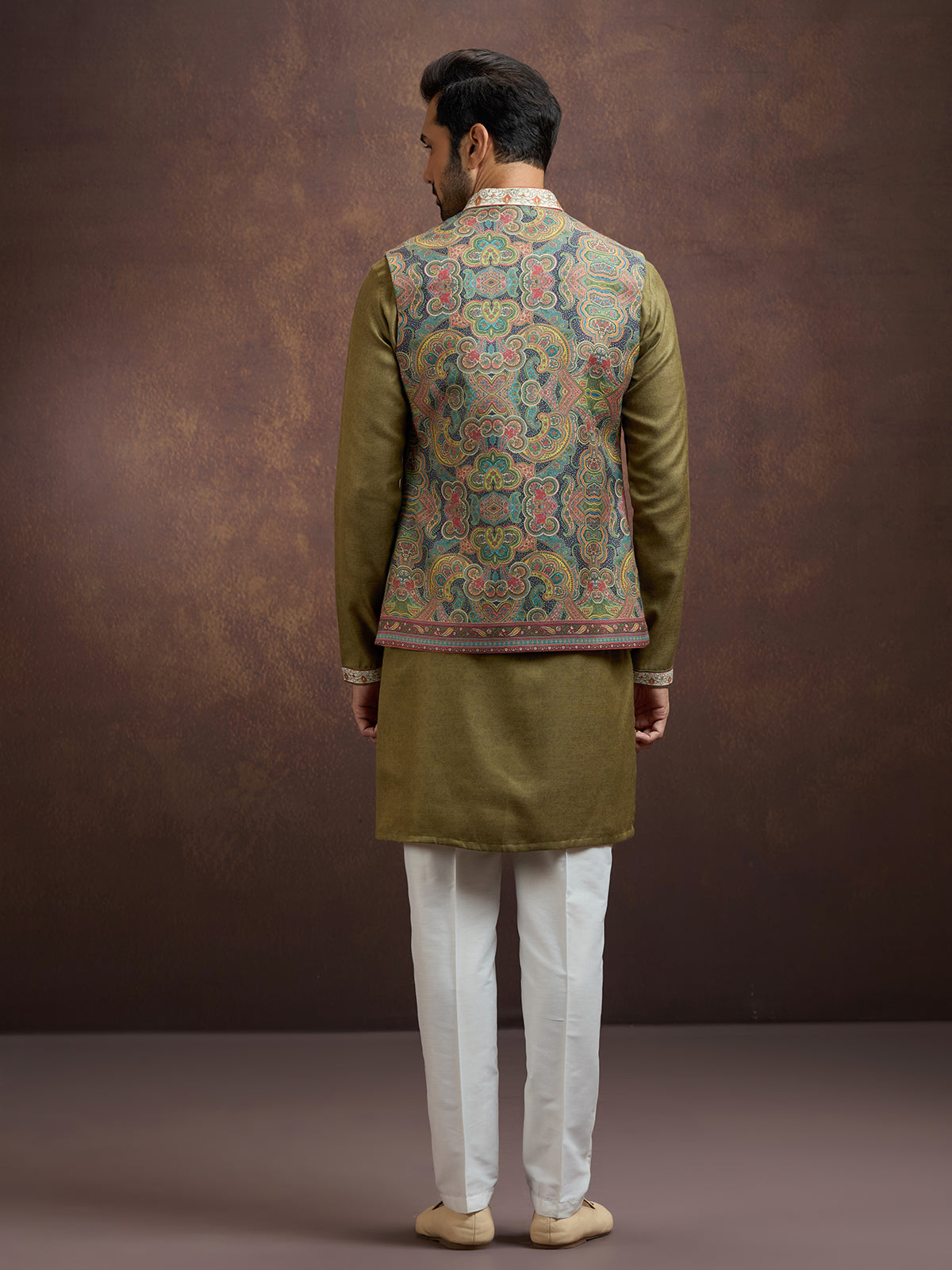 Olive regal pashmina silk waistcoat set