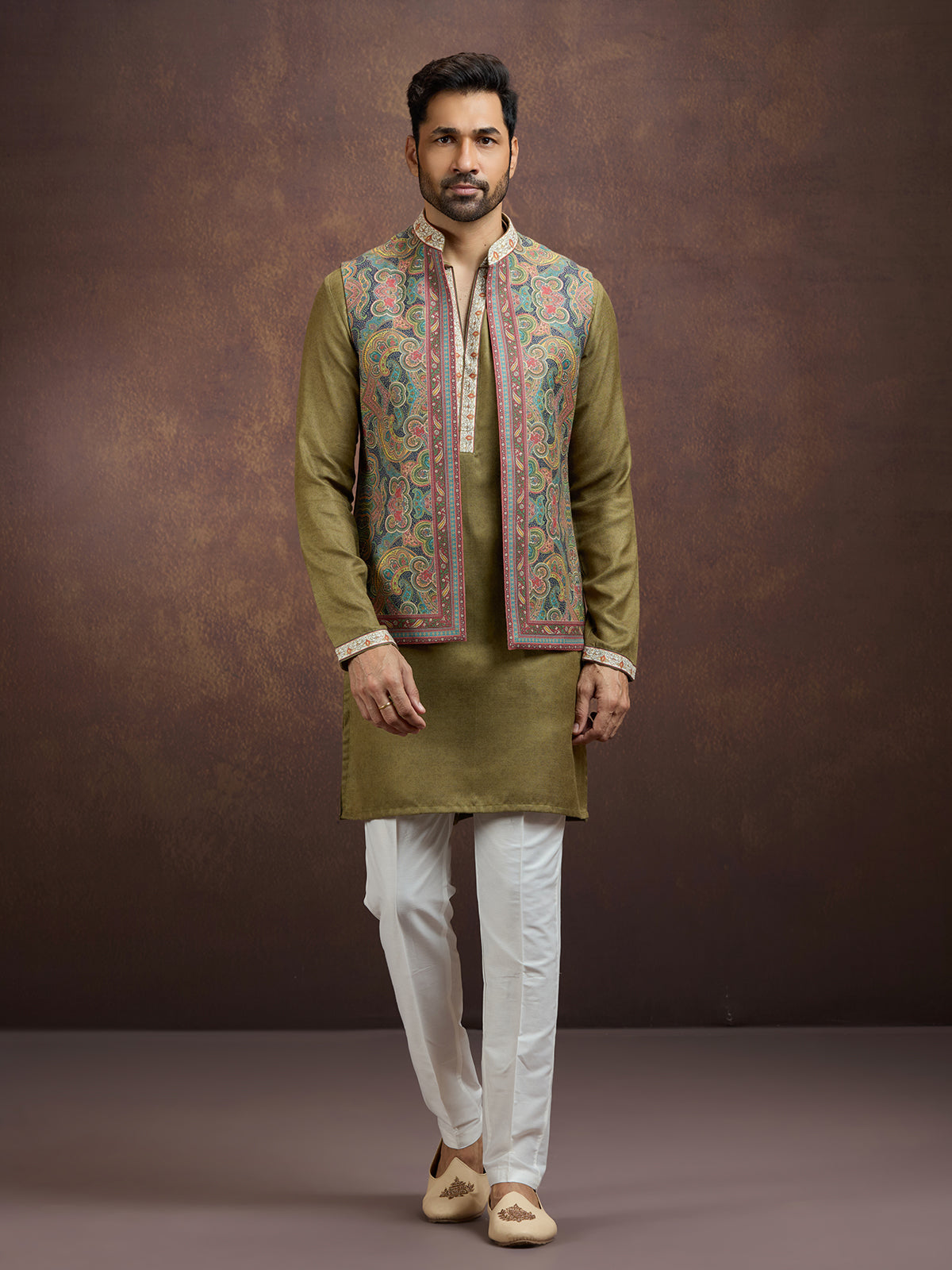 Olive regal pashmina silk waistcoat set