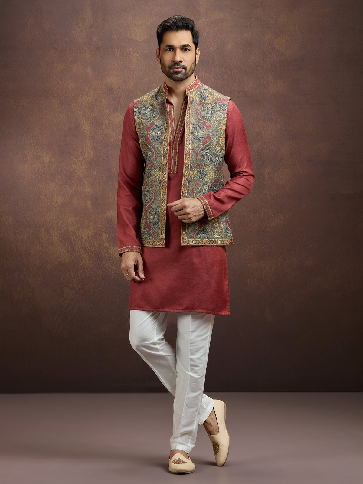 Maroon majestic pashmina silk waistcoat set