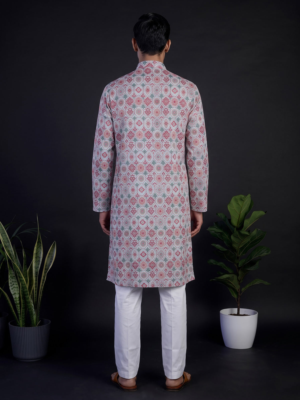 Pink floral printed cotton blend festive kurta suit for men