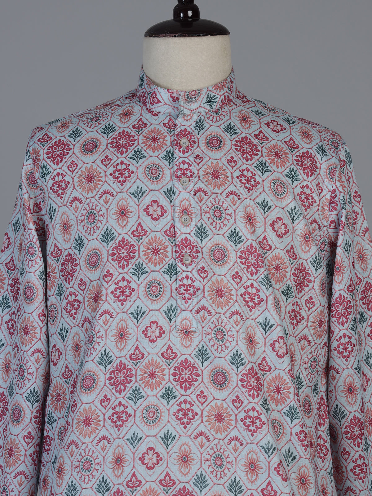 Pink floral printed cotton blend festive kurta suit for men