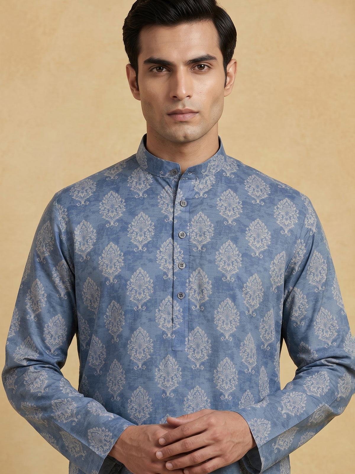Blue printed cotton blend festive mandarin kurta suit for men