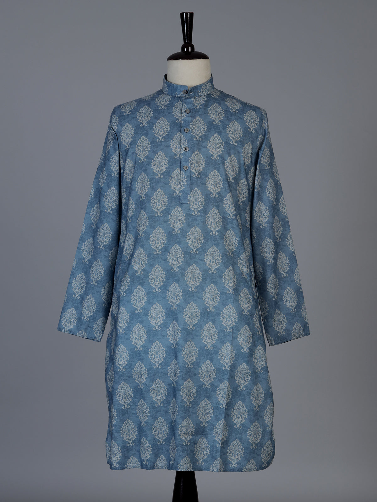 Blue printed cotton blend festive mandarin kurta suit for men