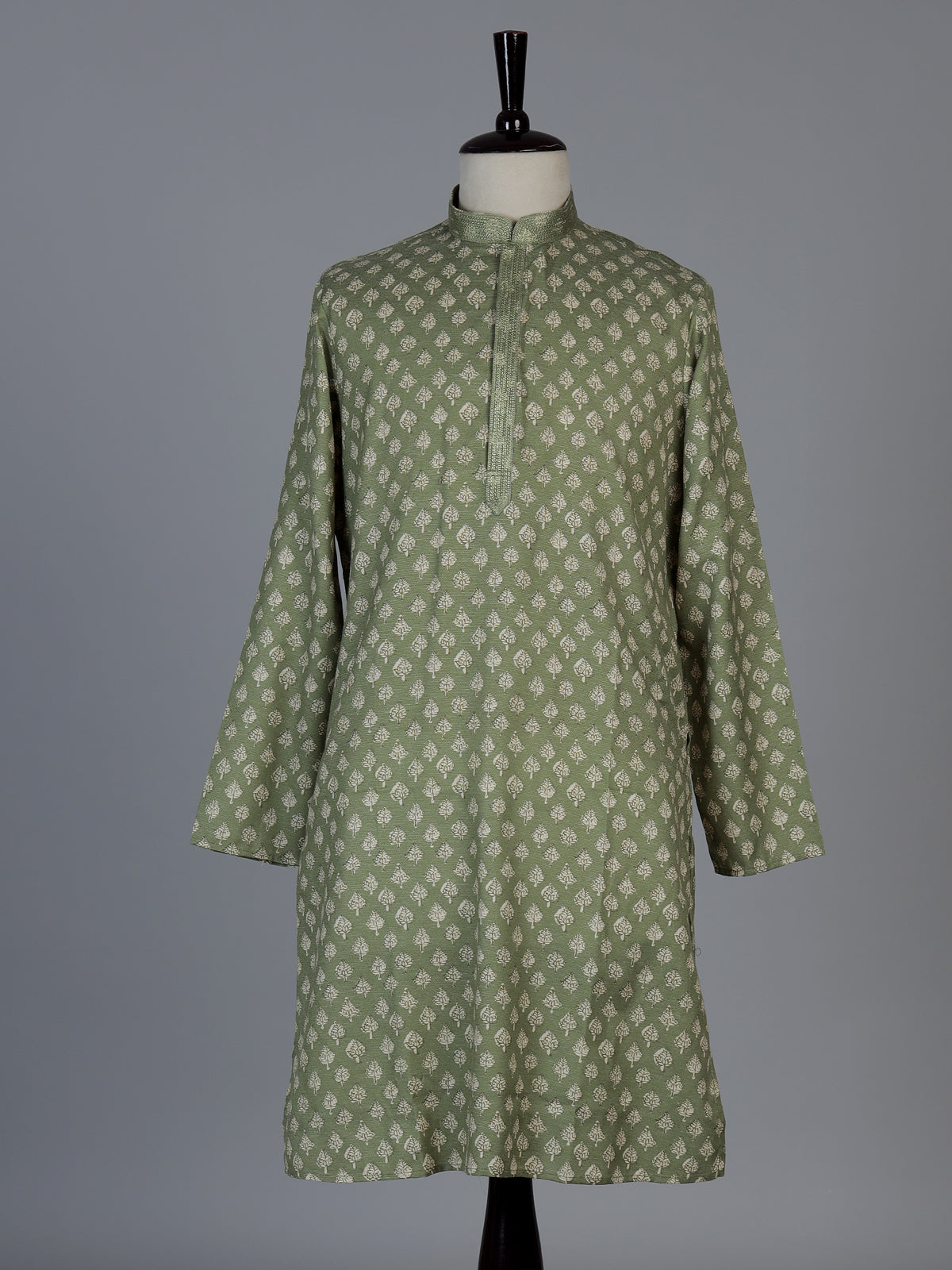 Pista green butti printed cotton blend festive kurta suit for men