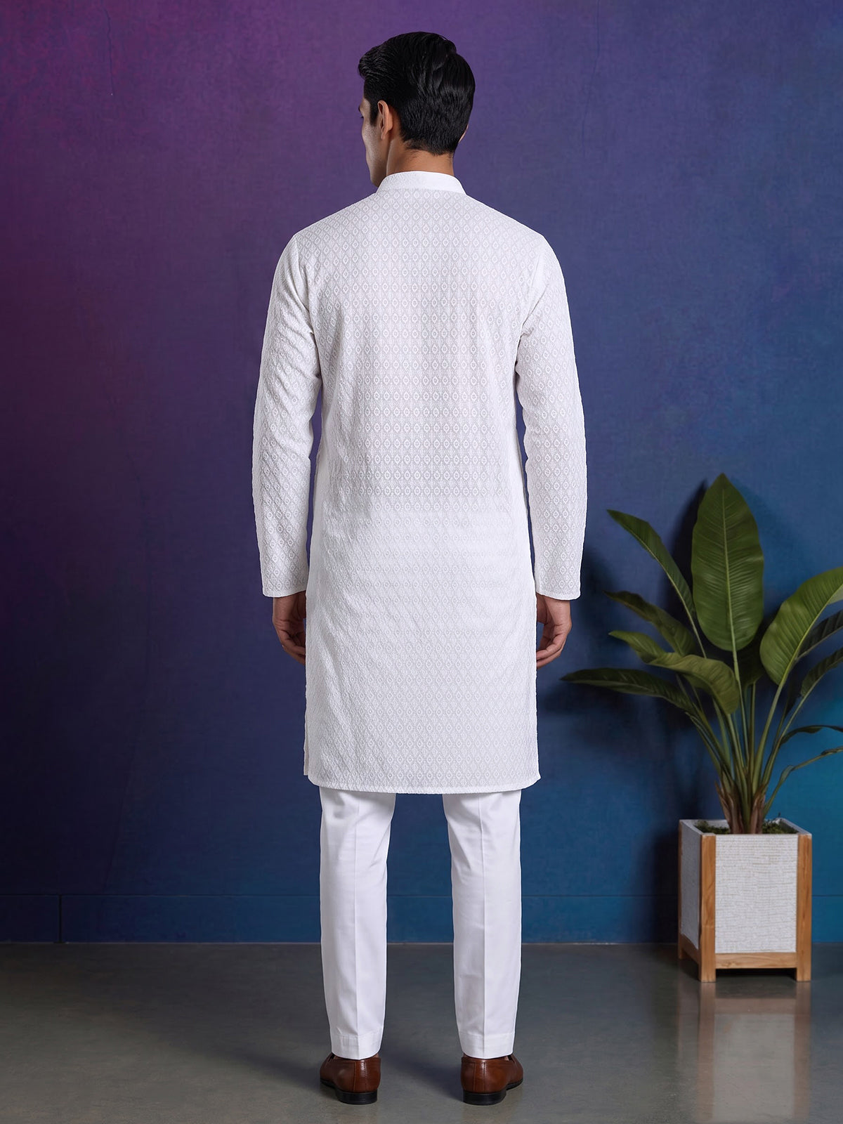 White cotton thread work festive kurta suit for men
