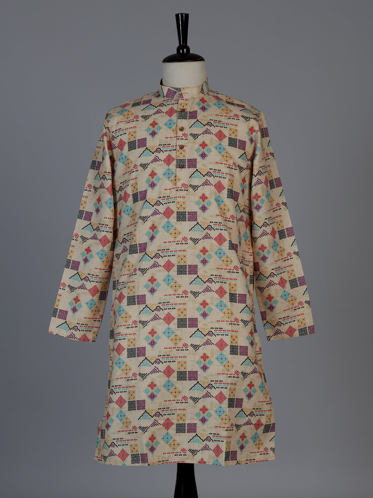 Beige printed cotton blend festive kurta suit for men with mandarin collar