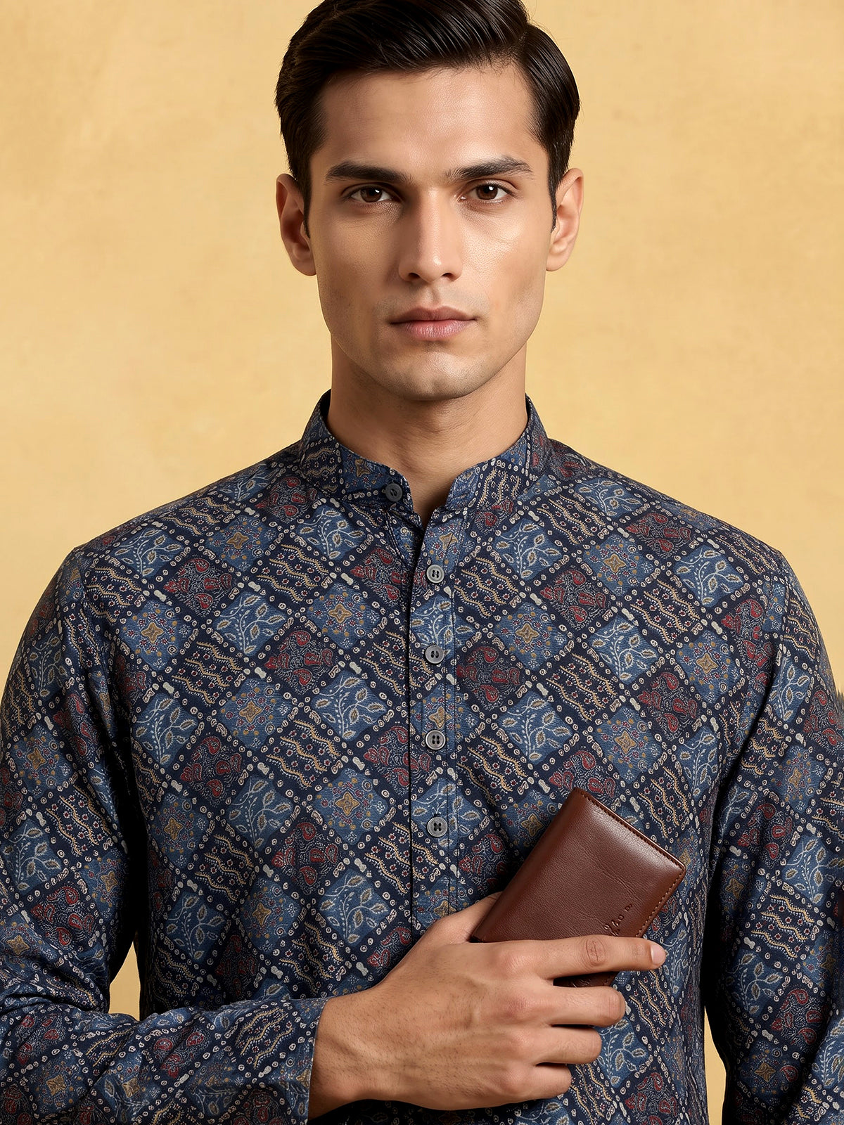 Blue printed cotton silk festive mandarin kurta suit for men