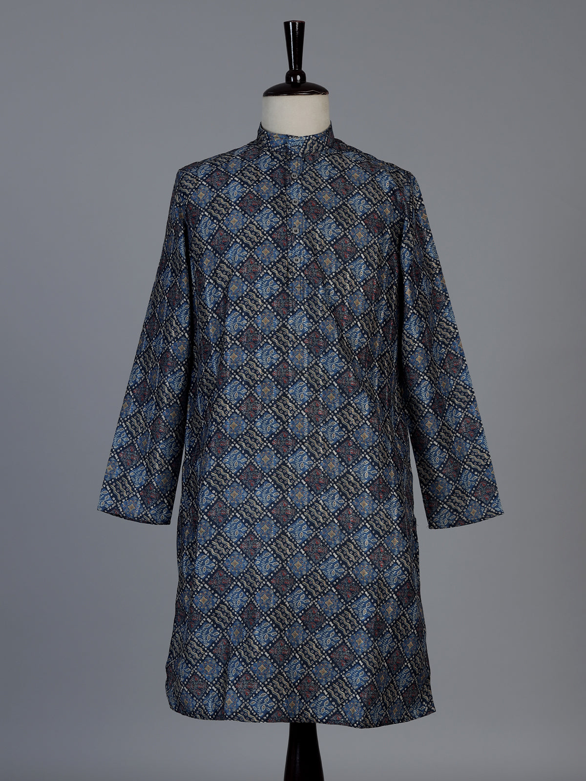 Blue printed cotton silk festive mandarin kurta suit for men
