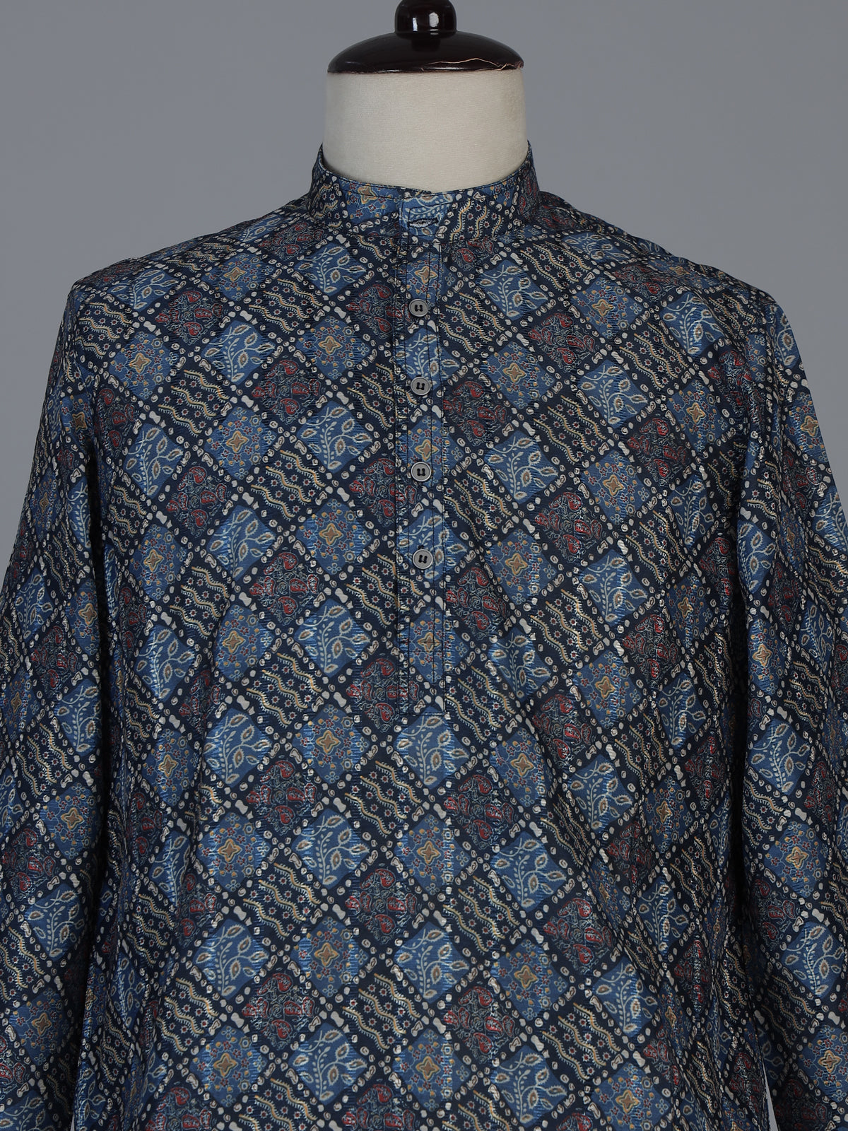 Blue printed cotton silk festive mandarin kurta suit for men