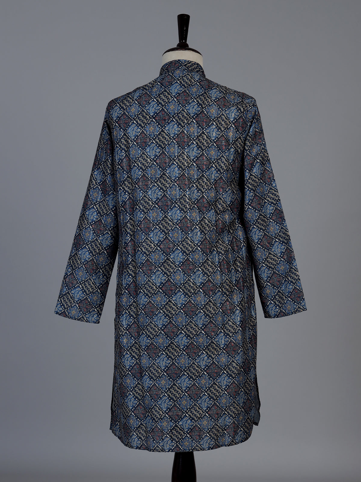 Blue printed cotton silk festive mandarin kurta suit for men