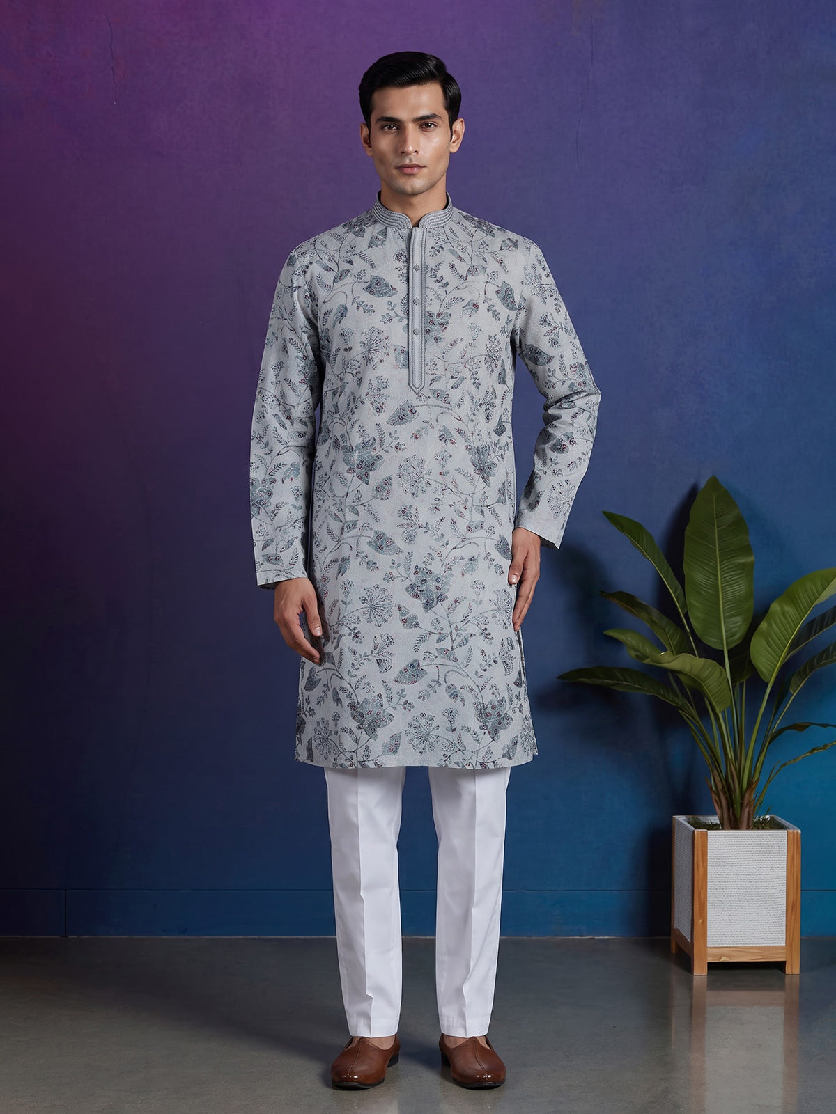 Mint blue floral cotton blend festive kurta suit for men