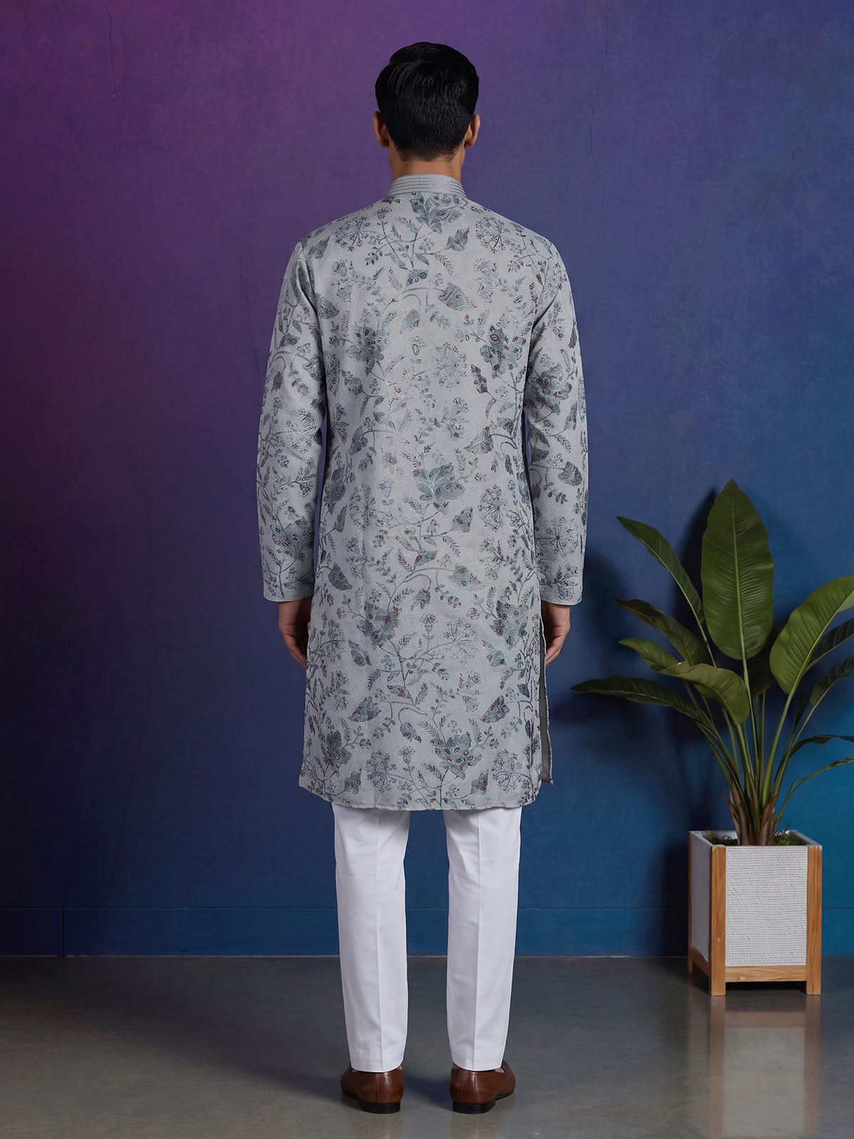 Mint blue floral cotton blend festive kurta suit for men