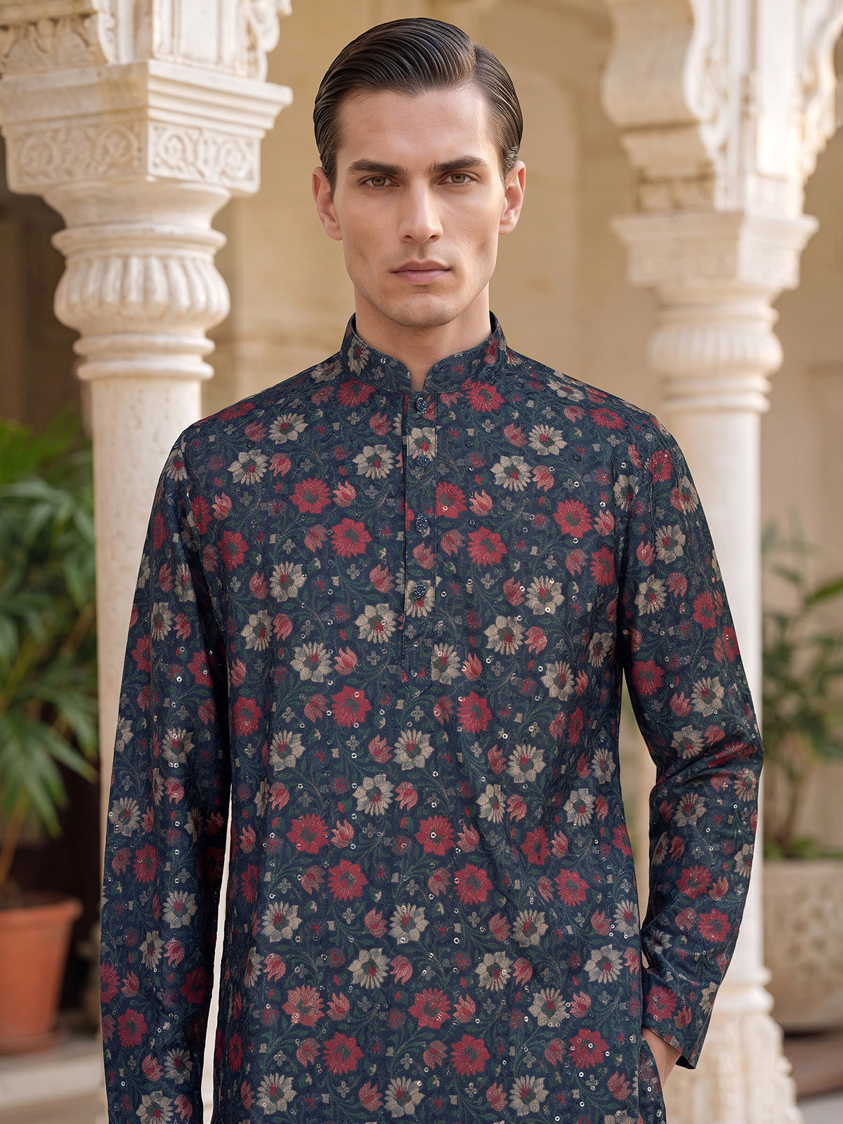 Blue cotton silk floral festive kurta suit for men with sequin accents