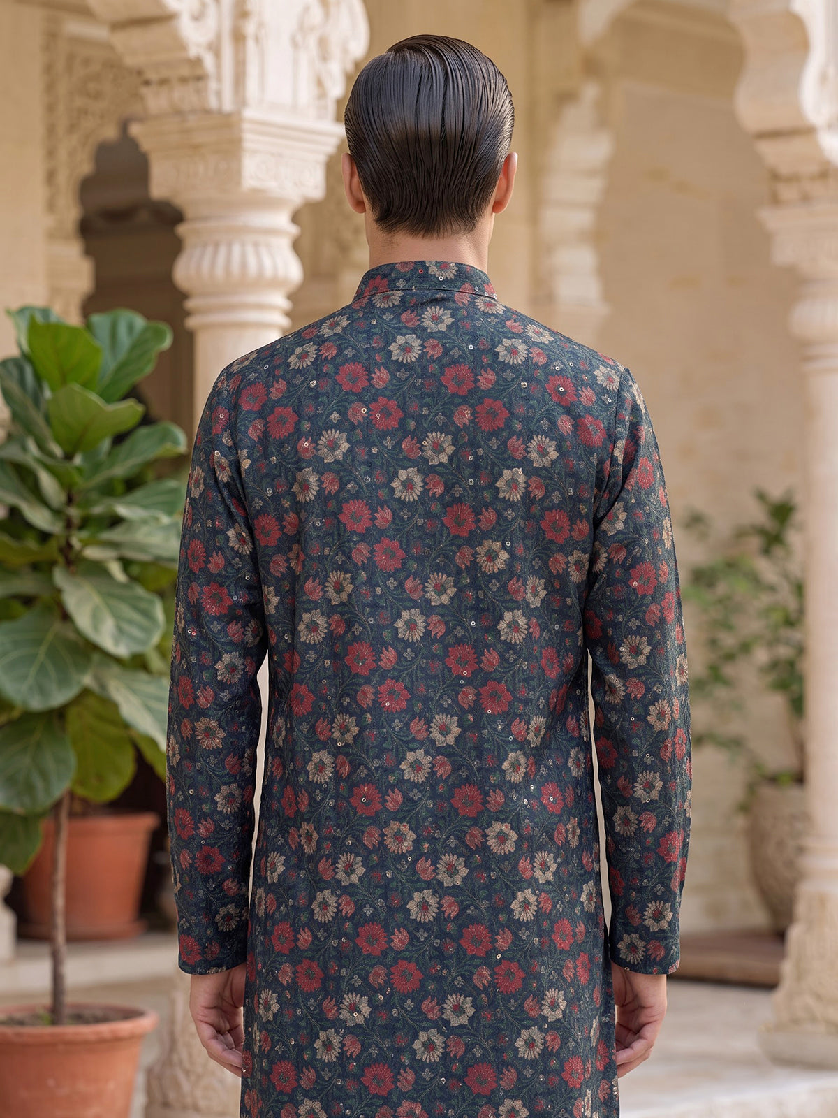 Blue cotton silk floral festive kurta suit for men with sequin accents