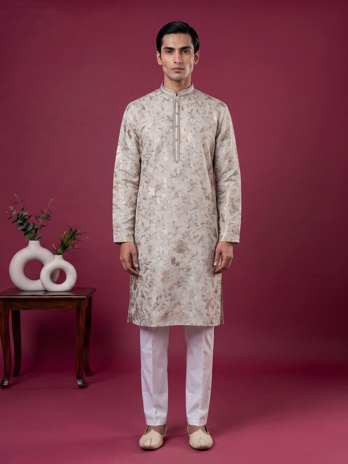 Cream floral printed cotton blend festive kurta suit for men