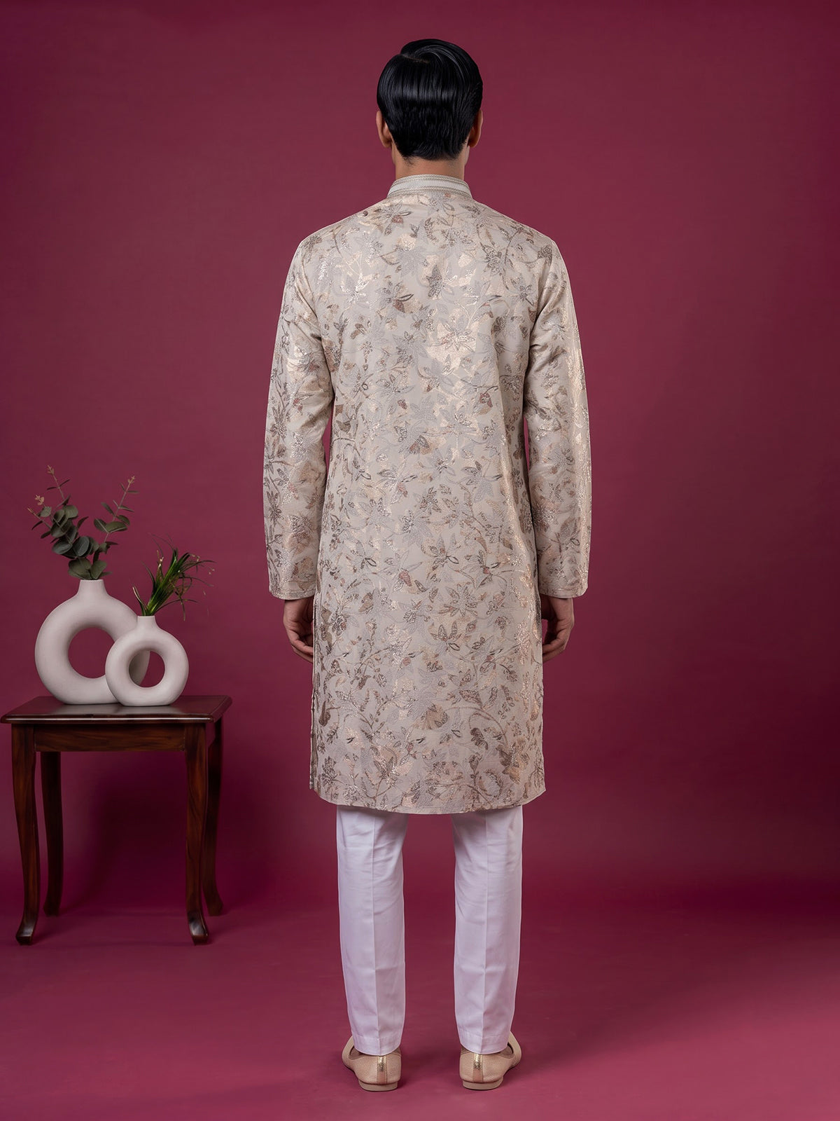 Cream floral printed cotton blend festive kurta suit for men