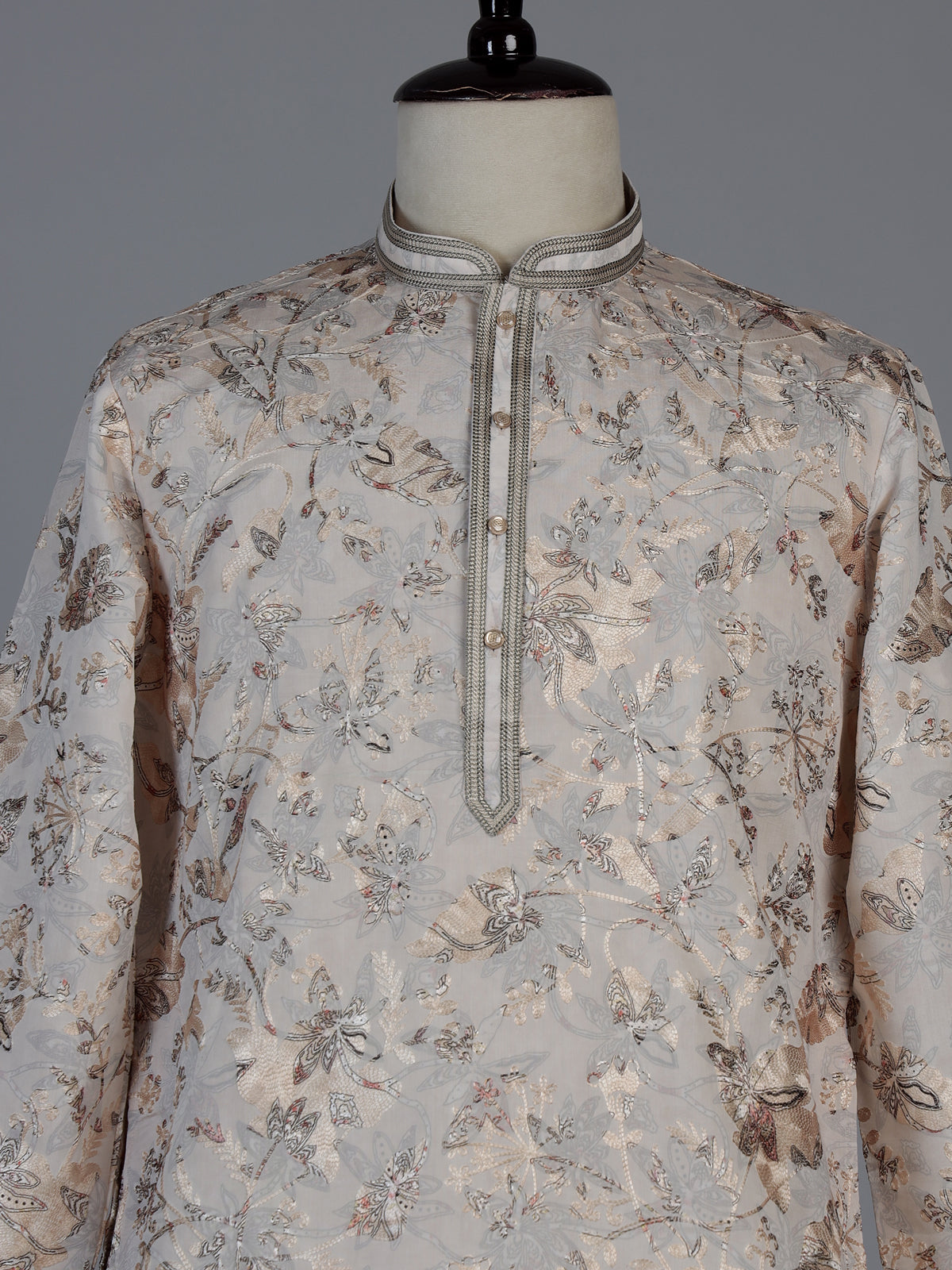 Cream floral printed cotton blend festive kurta suit for men