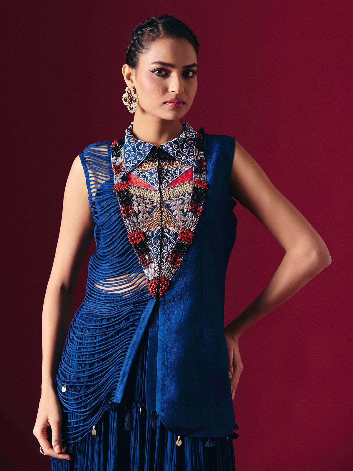 Blue raw silk indo western palazzo suit