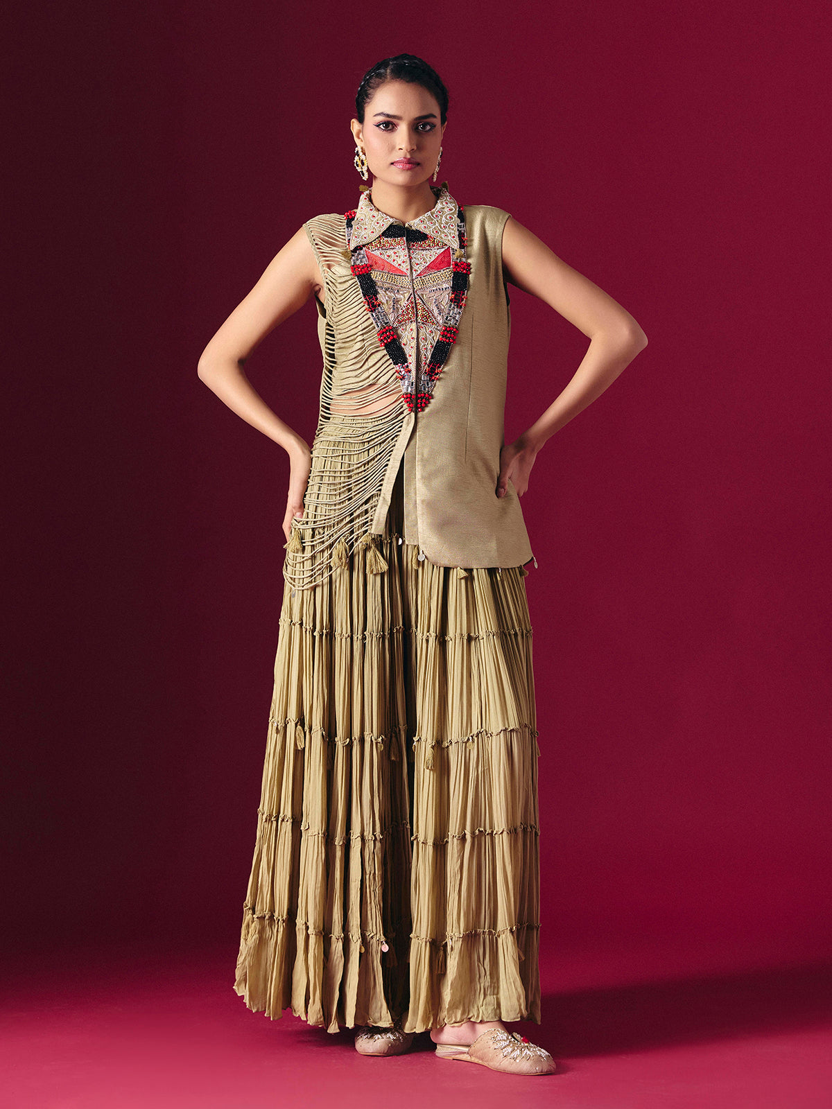 Beige raw silk designer indo western palazzo suit