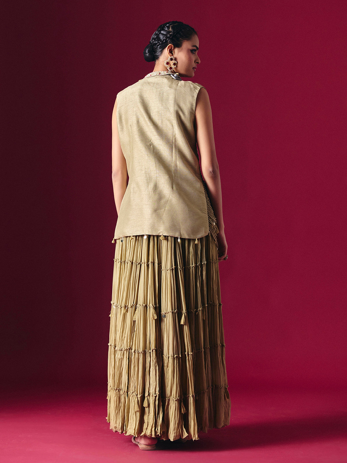 Beige raw silk designer indo western palazzo suit
